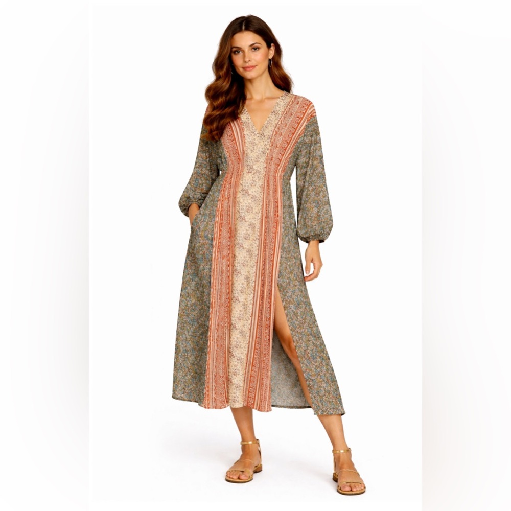 GIGIO Boho Patchwork Midi Dress Floral Cheetah Tribal Print Rayon Size Medium